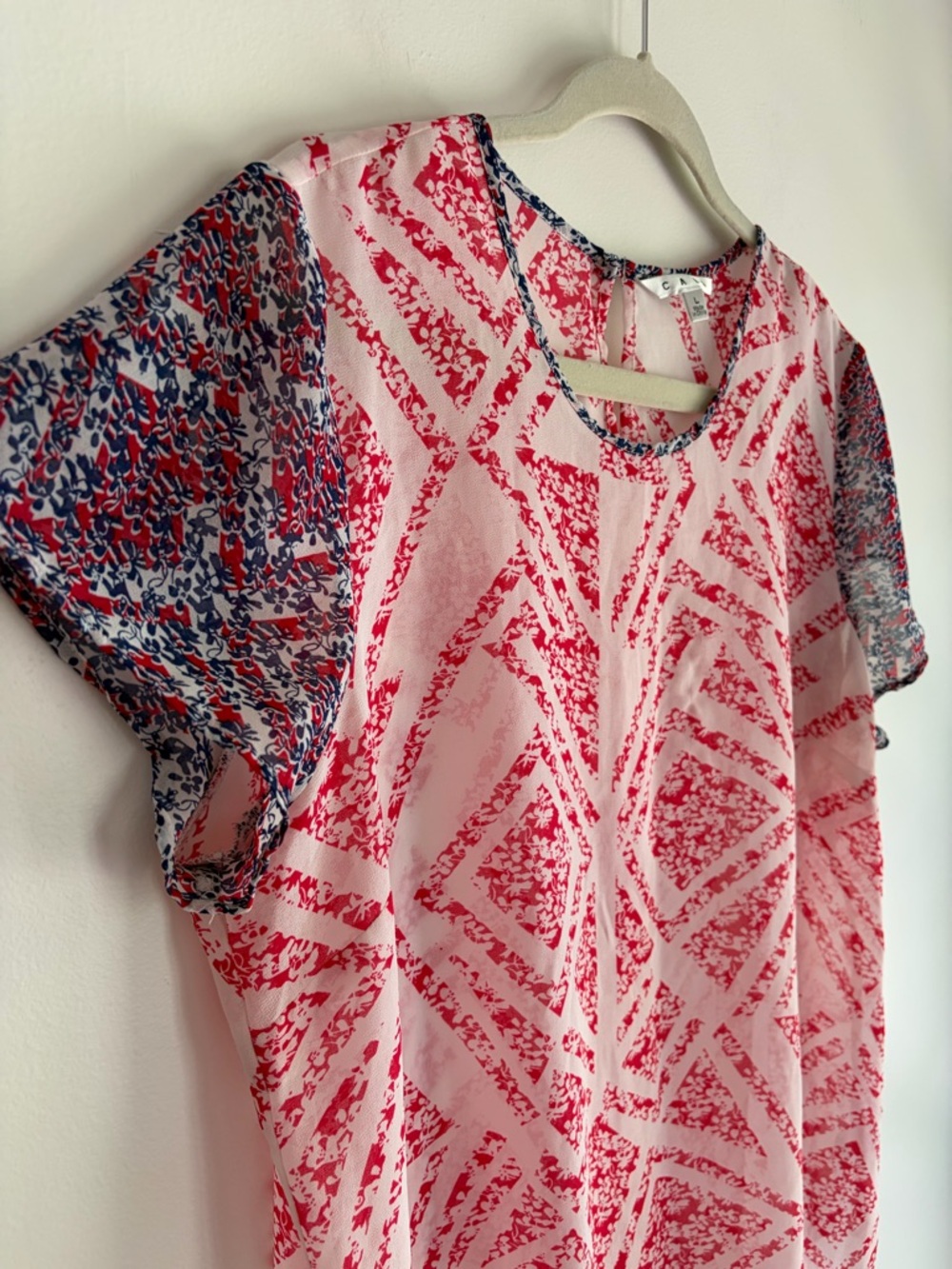 CAbi #732 Coquette Red White and Blue Semi Sheer Short Sleeve Blouse Size L - Picture 2 of 5